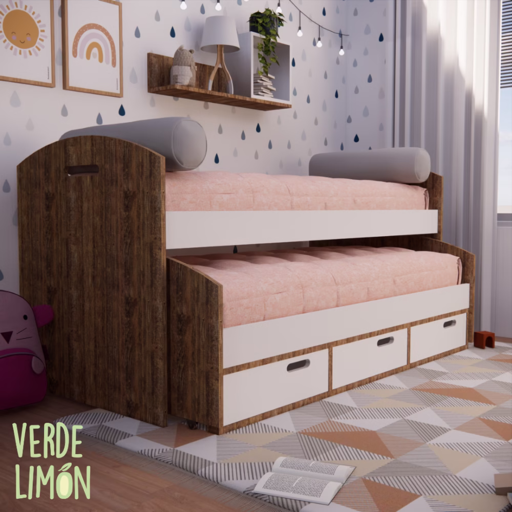 Cama nido Kiki con mueble cajón en habitación infantil con espacio de guardado y diseño funcional