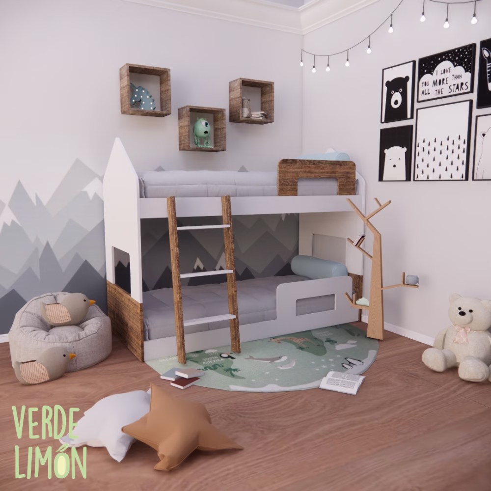 Cama Superpuesta Casita Kiki con escalera extraible. Cama al piso tipo montessori
