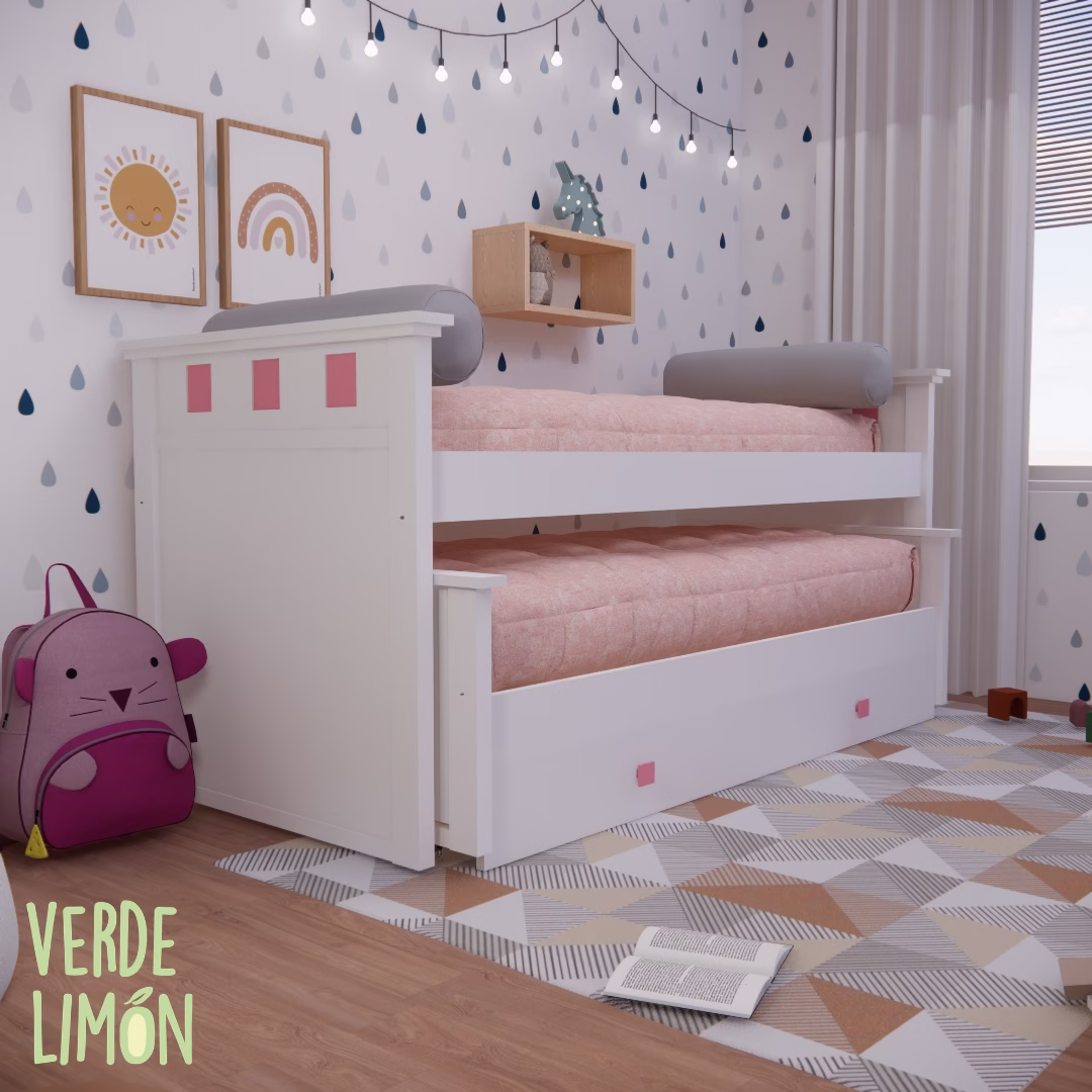 Cama Nido Aion con carro fijo en habitación infantil funcional con diseño simple y estructura doble