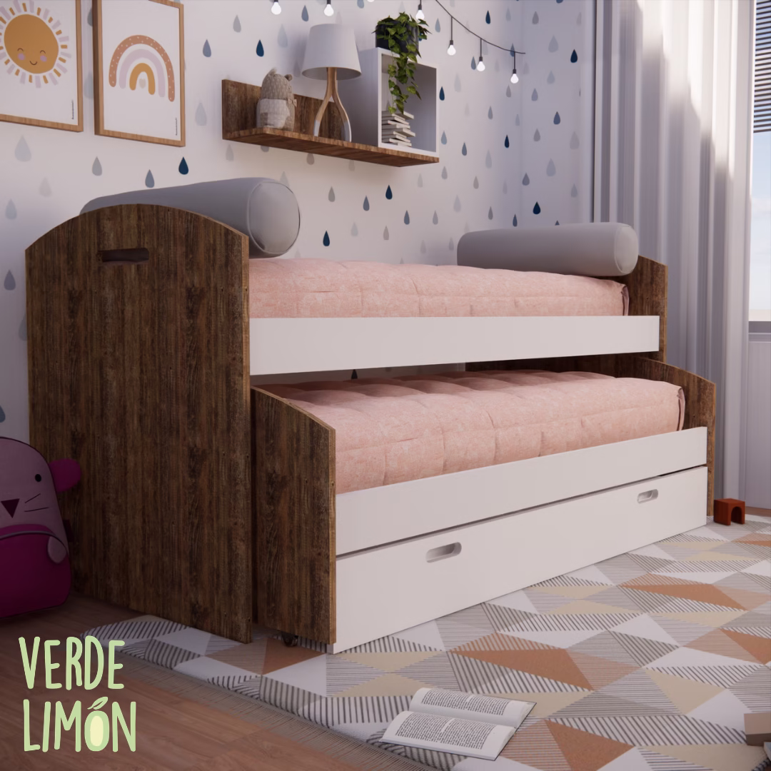 Cama nido Kiki con carro fijo doble cama con espacio de guardado para habitaciones infantiles