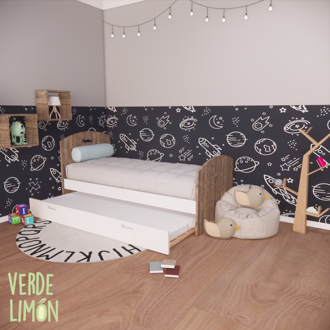 Cama 1 plaza Kiki con carro fijo inferior para segundo colchón en dormitorio juvenil funcional