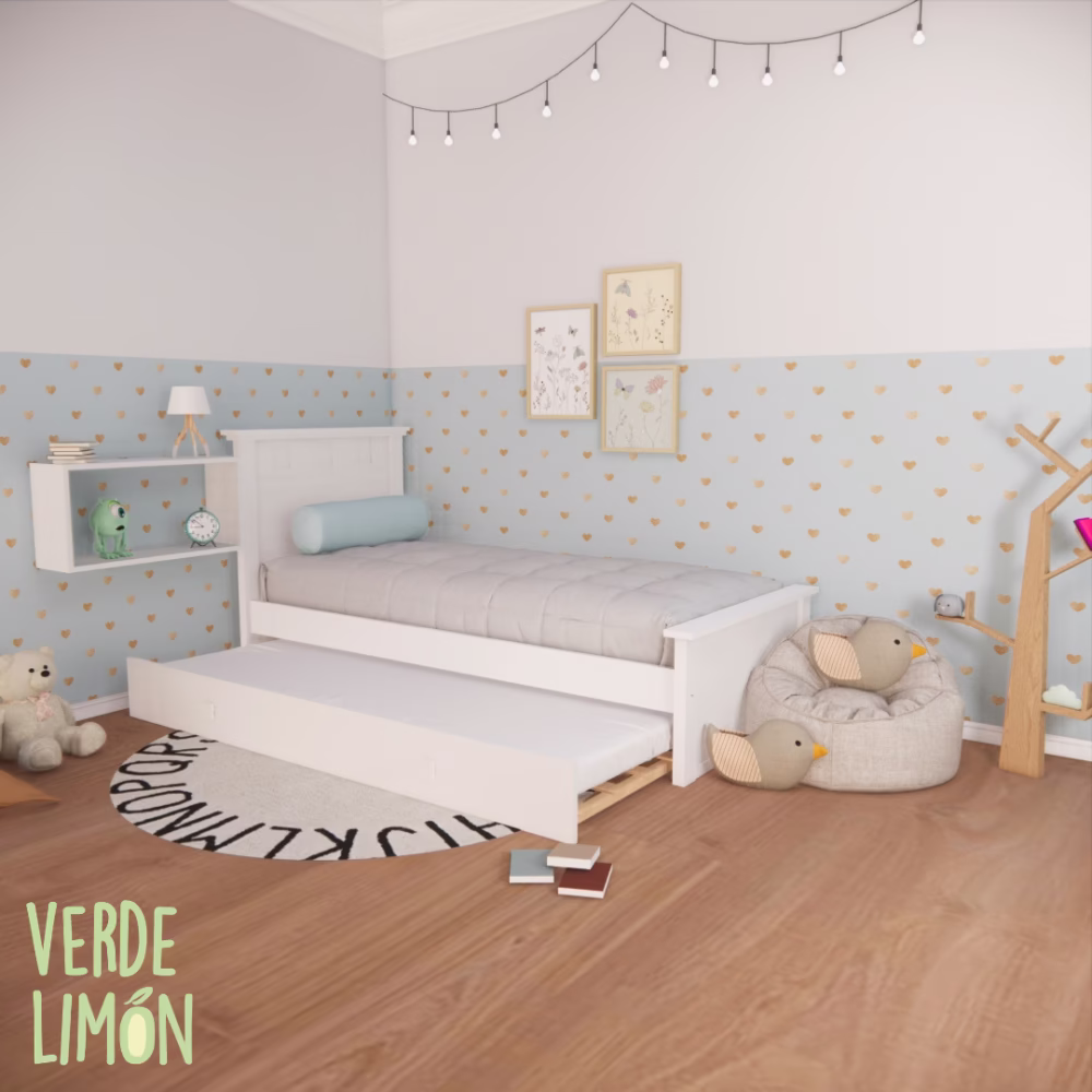 Cama 1 plaza Aion con carro fijo inferior y cabecero personalizable en dormitorio juvenil moderno