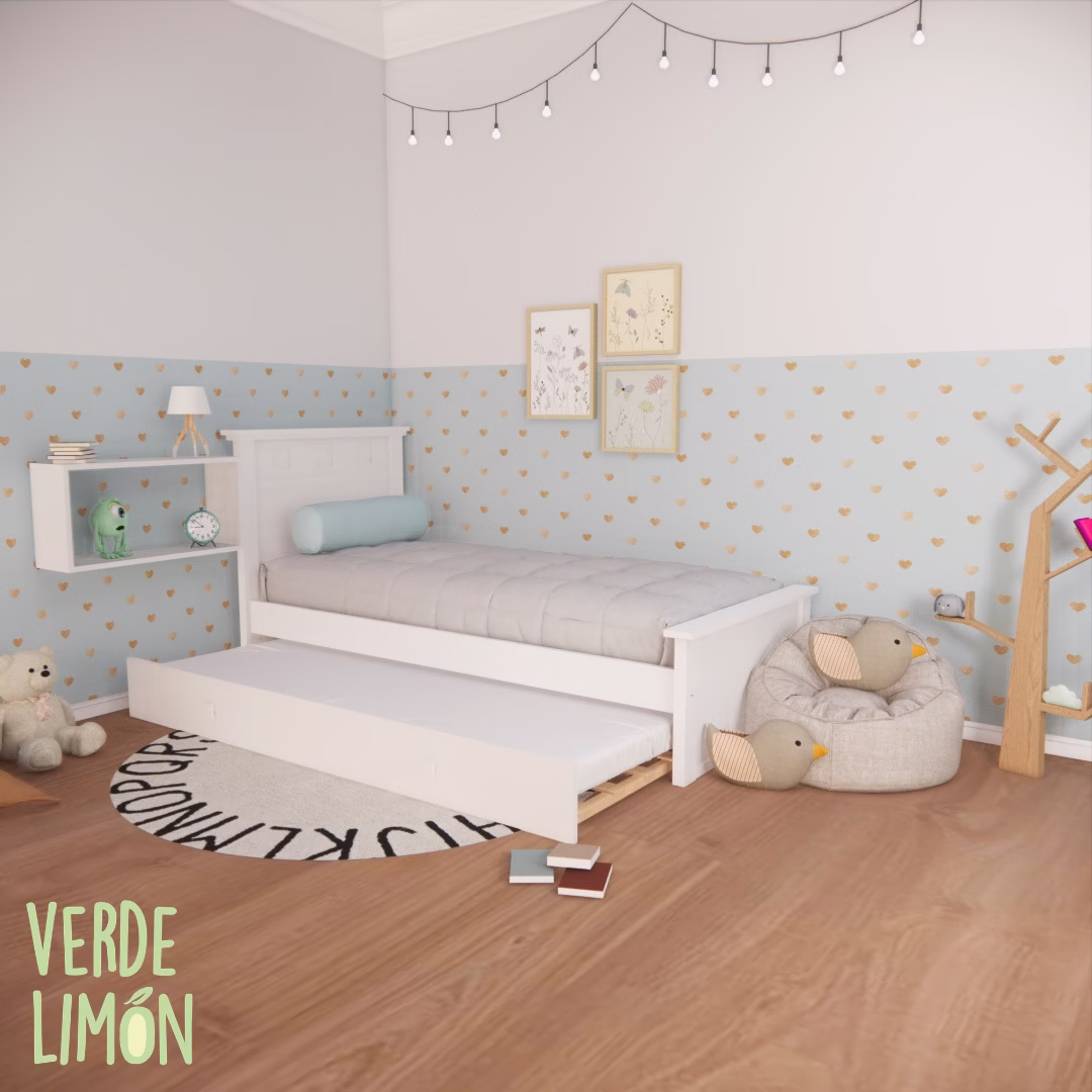 Cama 1 plaza Aion con carro fijo inferior y cabecero personalizable en dormitorio juvenil moderno