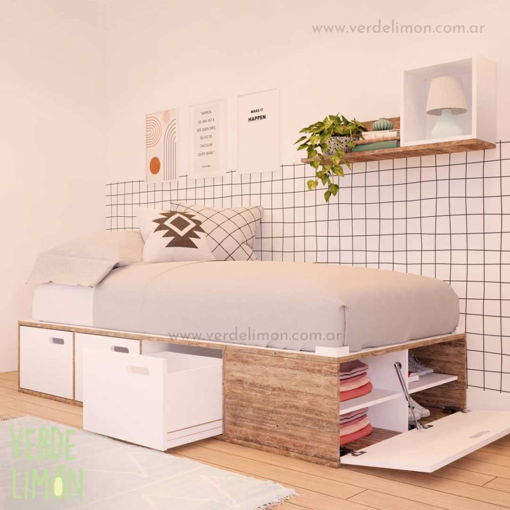 Cama Box Kiki con cajones, zapatero y baulera inferior con pistón a gas para guardado inteligente