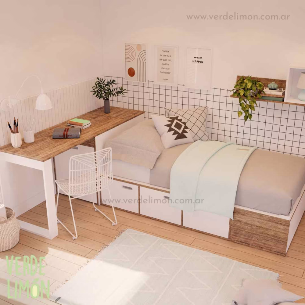 Cama Box Kiki con escritorio integrado y cajones de guardado en habitación juvenil moderna y funcional