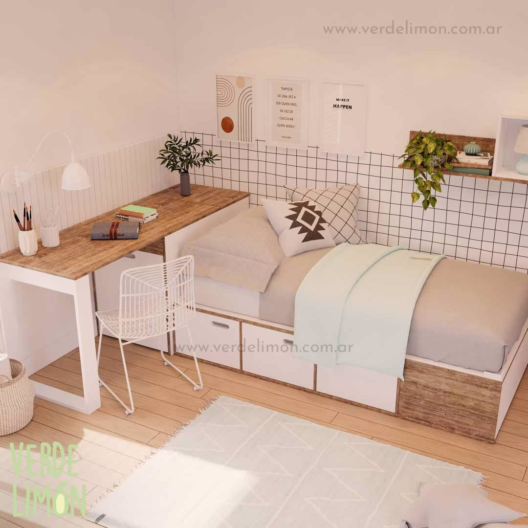 Cama Box Kiki con escritorio integrado y cajones de guardado en habitación juvenil moderna y funcional