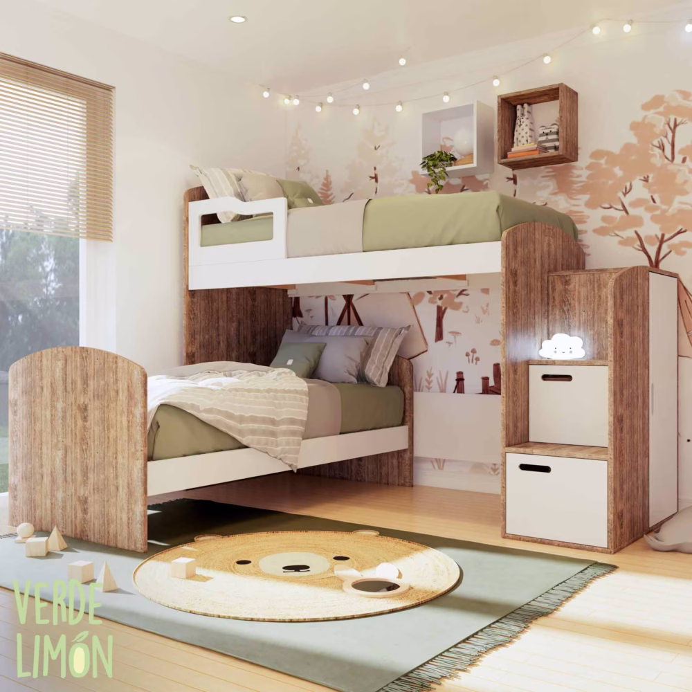 Esquinera Kiki con espacio de guardado. Es una cama mutifuncional con cama extra para invitados