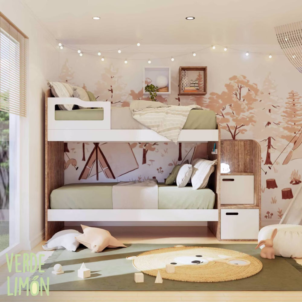 Cama superpuesta Kiki con escalera con guardado, armario y enchufe USB para dormitorio juvenil moderno